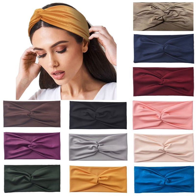 Yeshan Yeshan 12 Pack Wide Twist No Slip Turban Stretchy Criss Cross Yoga Workout Sport Hair Bands Solid Color Bandana Headbands