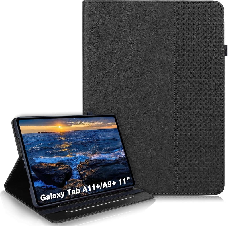 LSPCASA غلاف لـ Samsung Galaxy Tab A11 Plus مقاس 11 بوصة 2025 غلاف Galaxy Tab A11+ حافظة قابلة للطي من جلد PU واقية مع وظيفة حامل وحامل قلم وفتحات بطاقات - غلاف جهاز لوحي محفظة - مربعات سوداء - Image 1