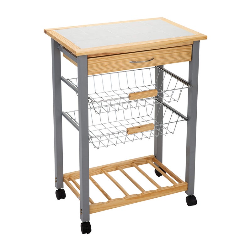 Organize It All Rolling Kitchen Wine Rack Serving Cart 30 in high x 14 12 in Wide x 22 12 in Long Tan White Black Silver