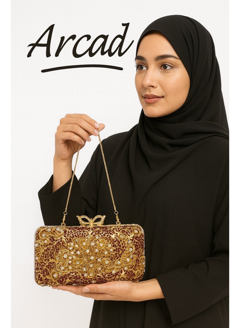 أركاد حقيبة سهرة نسائية من أركاد مزينة بالكريستال الأحمر والذهبي مع سلسلة - Image 1
