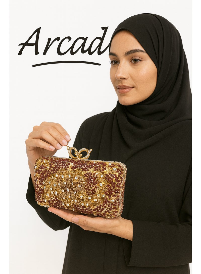 أركاد حقيبة سهرة نسائية من أركاد مزينة بالكريستال الأحمر والذهبي مع سلسلة - Image 2
