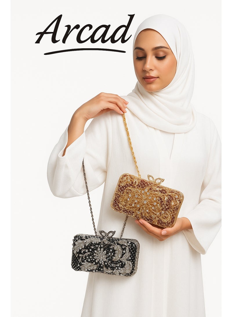 أركاد حقيبة سهرة نسائية من أركاد مزينة بالكريستال الأحمر والذهبي مع سلسلة - Image 3