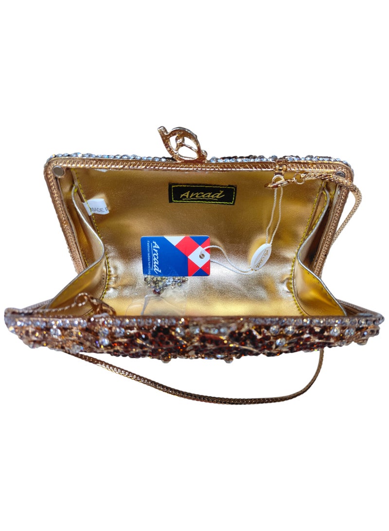 أركاد حقيبة سهرة نسائية من أركاد مزينة بالكريستال الأحمر والذهبي مع سلسلة - Image 4