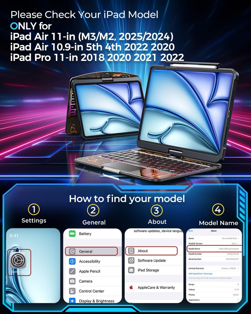 TSQQST Clear Keyboard Case for iPad Air 11 Inch (M3/M2, 2025/2024)/ iPad Air 5th/4th Generation 10.9" / iPad Pro 11" 1st/2nd/3rd/4th, Trackpad, Pencil Holder, 7-Color Backlit, Rotatable, Black - Image 2