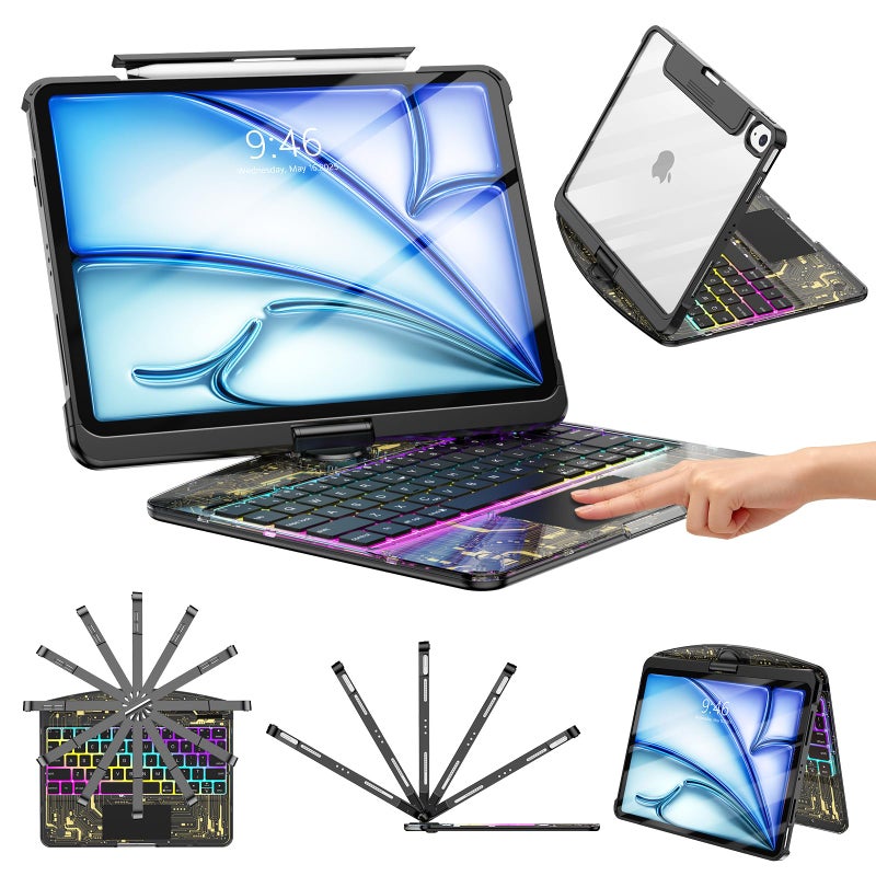 TSQQST Clear Keyboard Case for iPad Air 11 Inch (M3/M2, 2025/2024)/ iPad Air 5th/4th Generation 10.9" / iPad Pro 11" 1st/2nd/3rd/4th, Trackpad, Pencil Holder, 7-Color Backlit, Rotatable, Black - Image 1