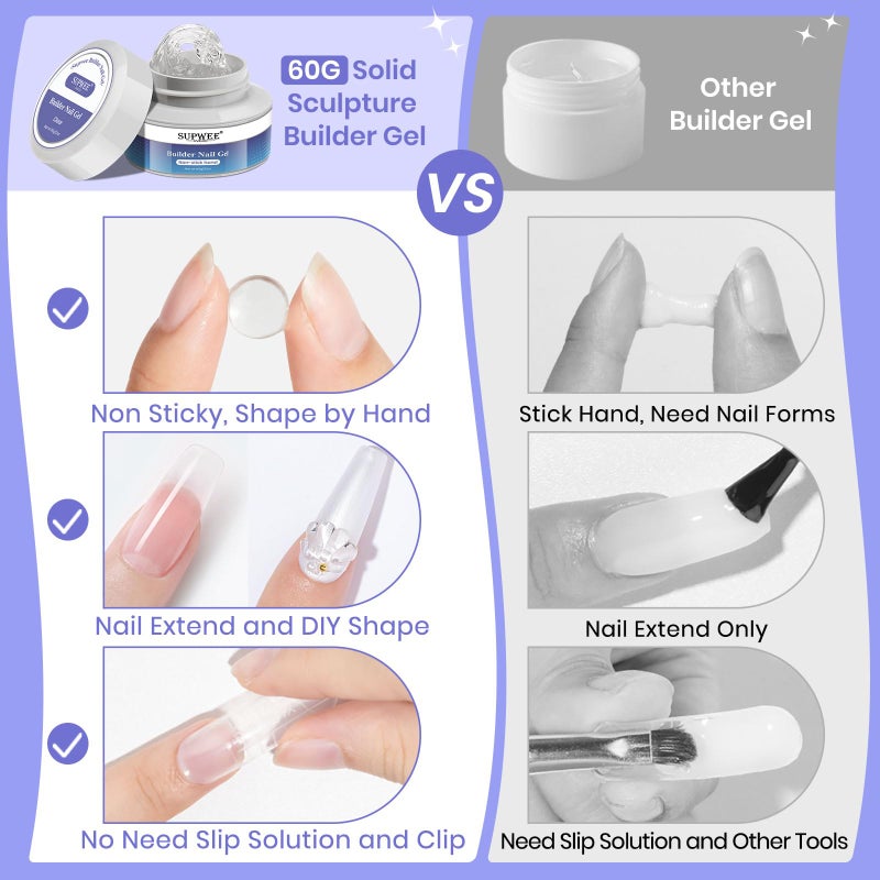 SUPWEE Solid Builder Gel 60G Clear Nail Builder Gel Large Capacity Hard Gel for Nails Non-Sticky 3D Sculpting Gel for Nail Carving Strengthen Modeling Nail Art DIY at Home - Image 3