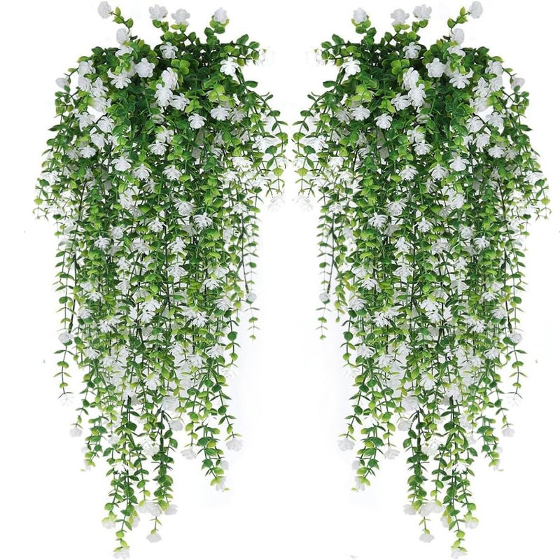 WEISPARK Artificial Hanging Flowers 4pcs Fake Eucalyptus Vine Faux Flower Greenery Garland Plastic Plants for Indoor Outdoor Wall Garden Wedding Home Party Decor White