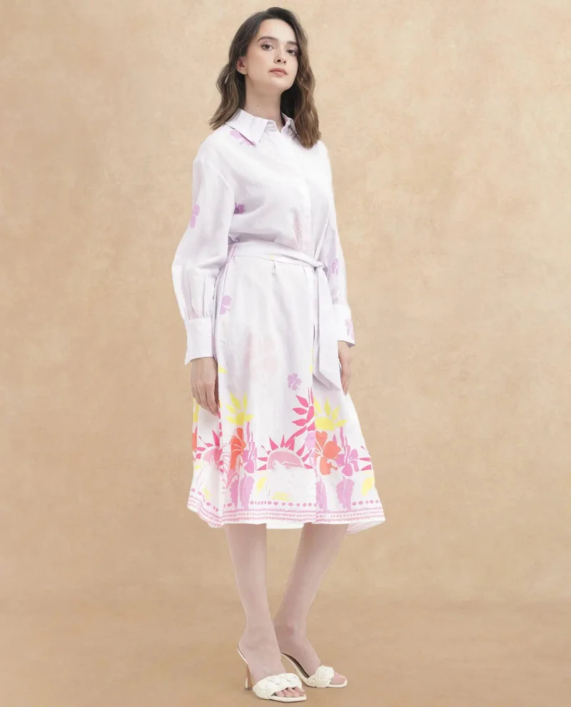 ريريزم Rareism Women Chunker Off White Rayon Nylon Fabric Regular Sleeves Collared Neck Floral Print Longline Dress