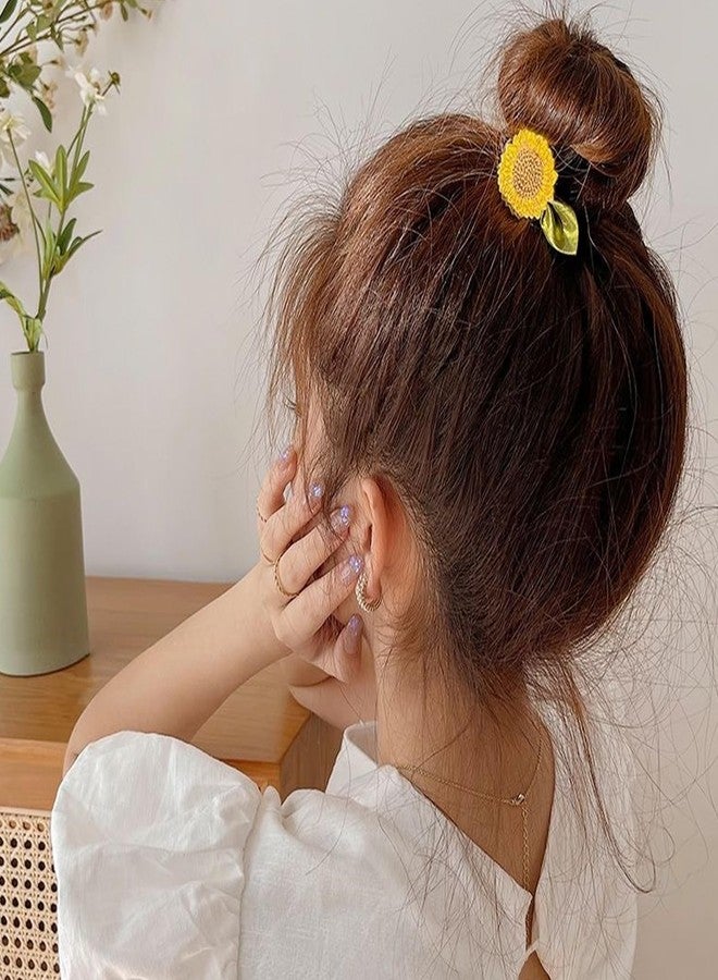 توتلوكس ربطات شعر توتيلوكس على شكل زهرة عباد الشمس، ربطات شعر صغيرة، حامل ذيل حصان، ربطات شعر مطاطية مزينة بالزهور، إكسسوارات شعر ربيعية وصيفية للنساء، بني وأصفر، قطعتان - Image 2