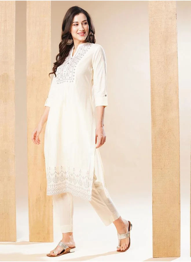 globus Embroidered Pleated Straight Kurta and Pant Set