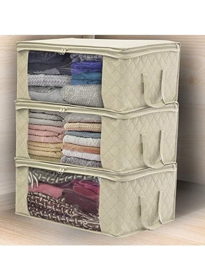 حقيبة تخزين خزانة قابلة للطي من القماش غير المنسوج، 1/2/3 قطع، أكياس تخزين الملابس أسفل السرير، صناديق تخزين ملابس كبيرة قابلة للطي، حقيبة تخزين ملابس بسعة كبيرة، منظمات خزانة سميكة غير منسوجة مقاومة للماء، مع مقبض معزز، سحاب قوي ونافذة شفافة كبيرة الحجم، للألحفة والملابس والفراش، لون بيج - Image 4
