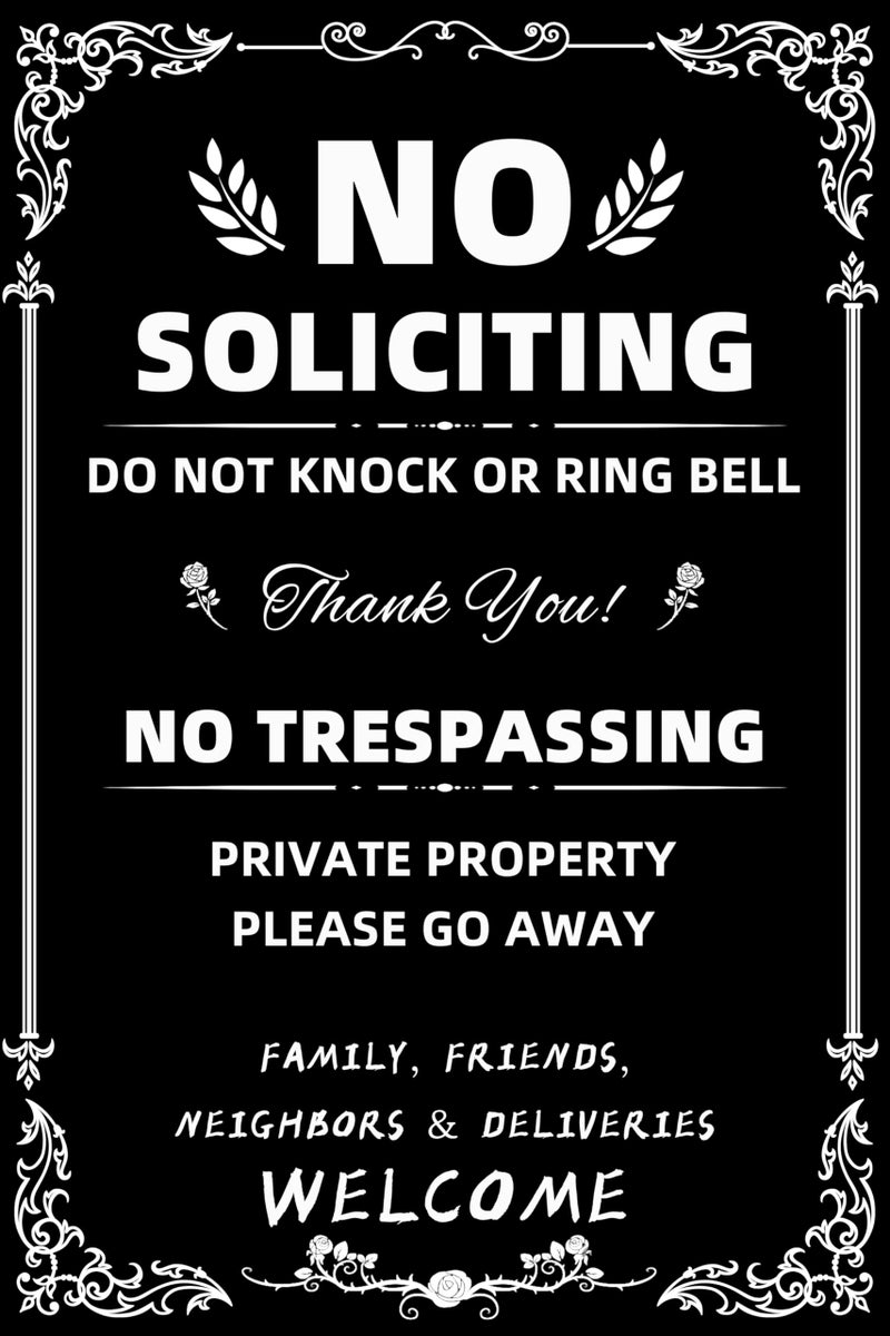 CVNDKN Daily Decorative Signs No Soliciting Chic Metal Signs for Outdoor Yard Signs or Indoor-NO SOLICITING DO NOT KNOCK OR RING BELL-NO TRESPASSING PRIVATE PROPERTY - Image 1