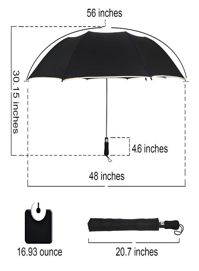 WEXUS Big Automatic Umbrella, Large Size 56-inch Coverage, 8 Reinforced Ribs, Reflective Stripe, Black Umbrella for Men, 3 Fold with Stripe Travel Rain, Windproof & Waterproof Folding - Image 2