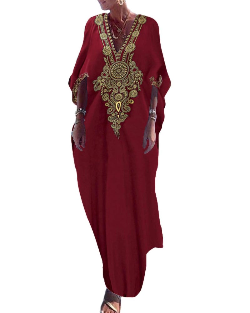 Bsubseach Gold Embroidery Long Kaftan Dresses V Neck Caftan Dress Beach Cover Up for Women Maroon - Image 1