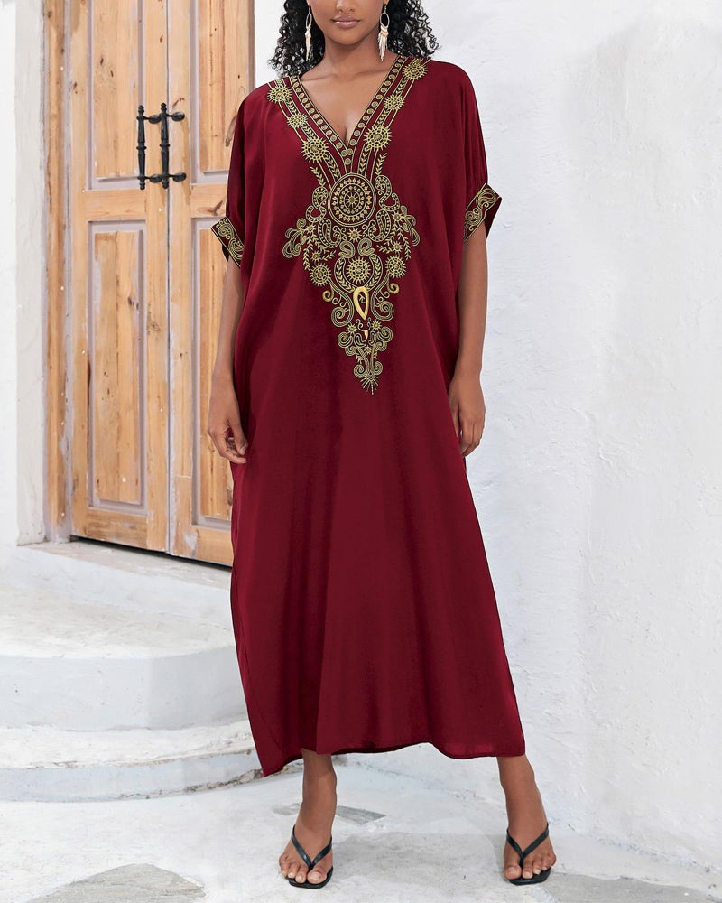 Bsubseach Gold Embroidery Long Kaftan Dresses V Neck Caftan Dress Beach Cover Up for Women Maroon - Image 3