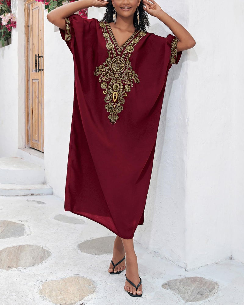Bsubseach Gold Embroidery Long Kaftan Dresses V Neck Caftan Dress Beach Cover Up for Women Maroon - Image 5