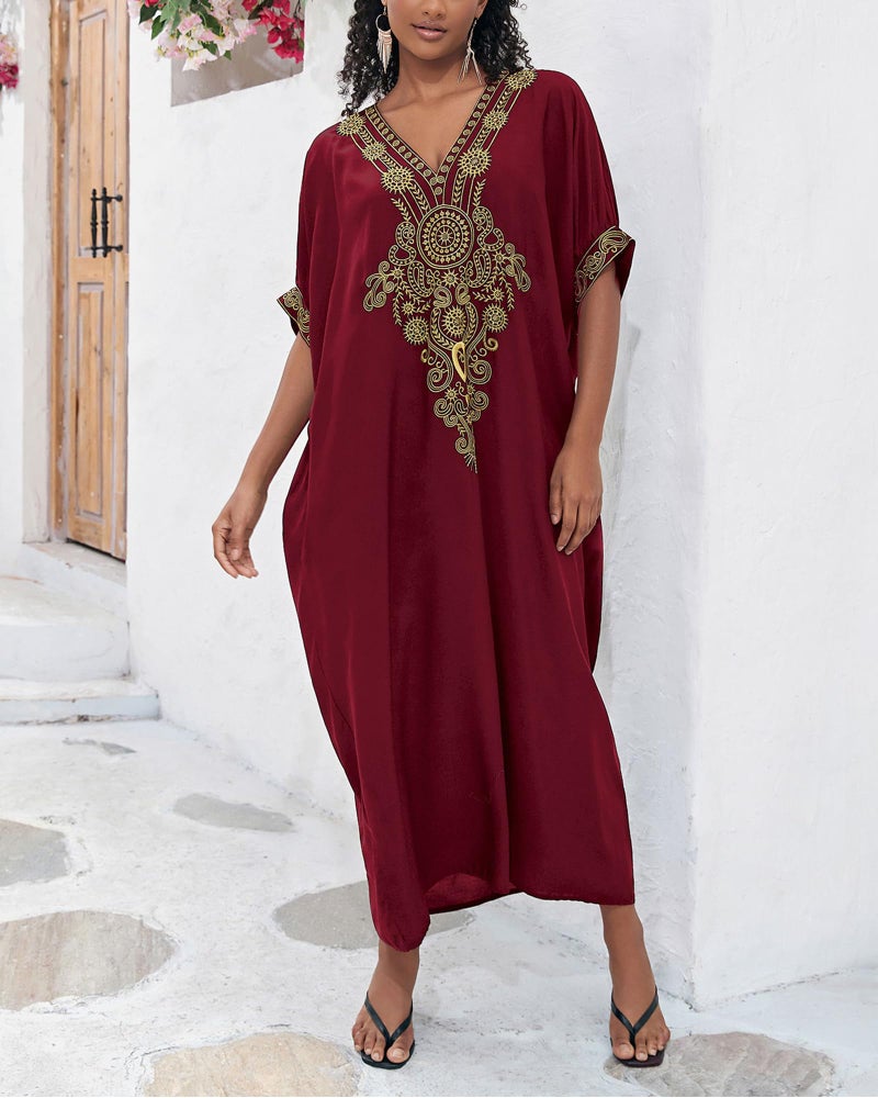 Bsubseach Gold Embroidery Long Kaftan Dresses V Neck Caftan Dress Beach Cover Up for Women Maroon - Image 2