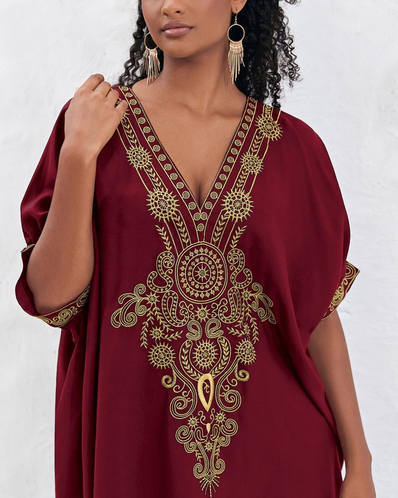 Bsubseach Gold Embroidery Long Kaftan Dresses V Neck Caftan Dress Beach Cover Up for Women Maroon - Image 4