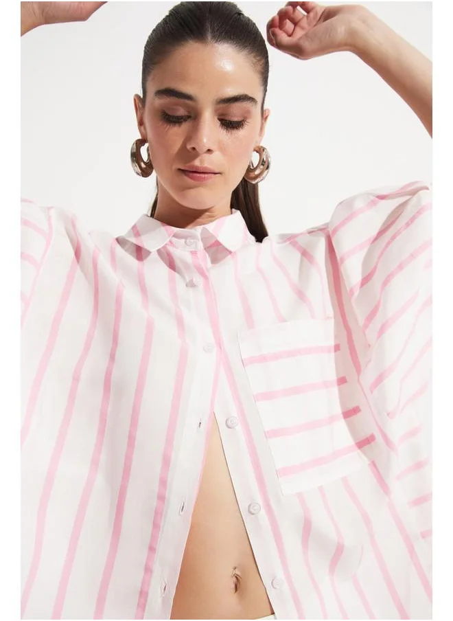 جون June Women Viscose Blend Striped Shirt White - Pink