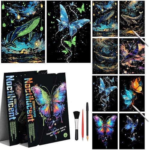 BulChign Adult Crafts Glow in The Dark Scratch Art Rainbow Painting Paper 8 Sheet with Tools Landscape Scratchboard for Teens Adults Fun Creative Craft ToyGiftsDecorA4Noctilucent Butterfly Whale - Image 1
