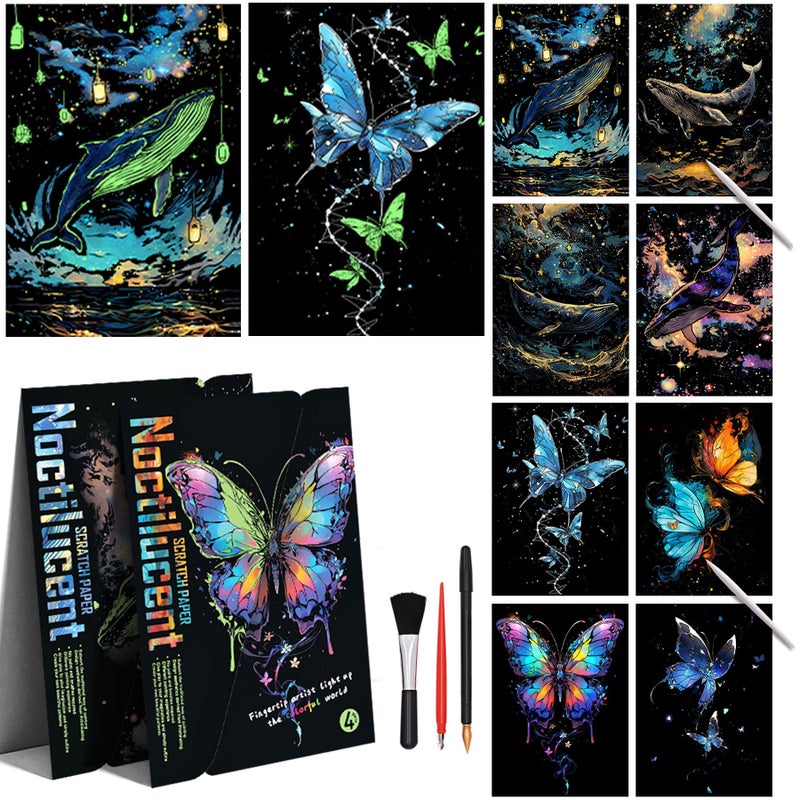 BulChign Adult Crafts Glow in The Dark Scratch Art Rainbow Painting Paper 8 Sheet with Tools Landscape Scratchboard for Teens Adults Fun Creative Craft ToyGiftsDecorA4Noctilucent Butterfly Whale - Image 2