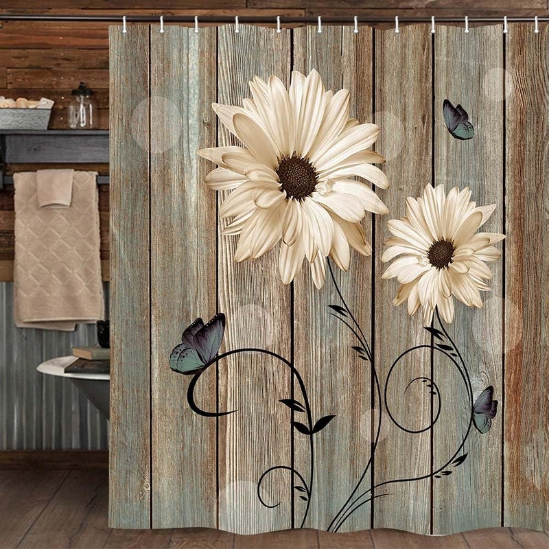 Rustic Floral Shower Curtain for Bathroom Elegant Daisy Flower Butterflies Bath Curtains Farmhouse Barn Wood Vintage Fabric Shower Curtain Sets with Hooks 69x70 Inches