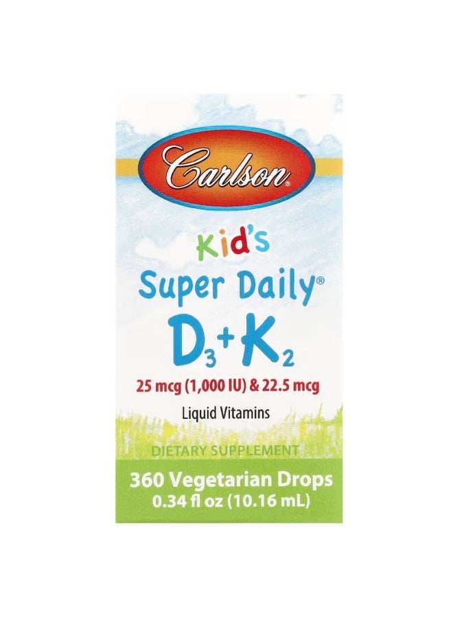 كارلسون تركيبة Super Daily D3+K2 للأطفال 25 ميكروجرام (1000 وحدة دولية) و22.5 ميكروجرام 0.34 أونصة سائلة (10.16 مل)