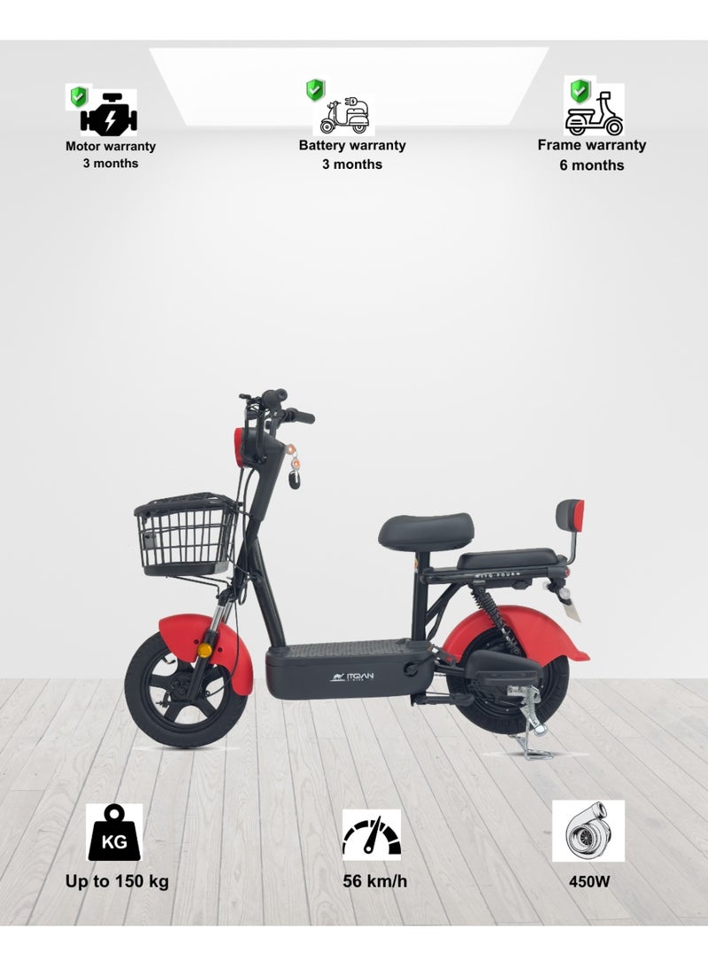 كاميل دراجة كهربائية ITQ-4 Pro للبالغين، بقدرة 450 واط، إطارات مقاس 14 بوصة، مدى يصل إلى 65 كم، مزودة بمرايا جانبية وسلة، باللون الأحمر. - Image 1