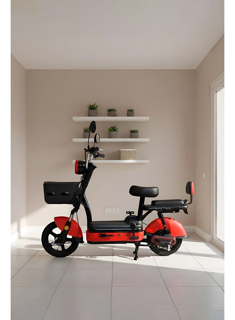 دراجة كهربائية ITQ-4 Pro للبالغين، بقدرة 450 واط، إطارات مقاس 14 بوصة، مدى يصل إلى 65 كم، مزودة بمرايا جانبية وسلة، باللون الأحمر. - Image 2