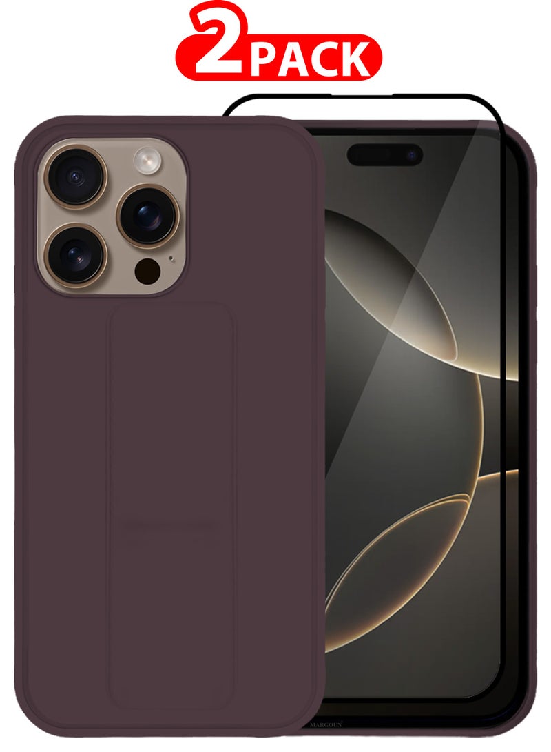 CATANES (for Apple iPhone 16 Pro) 2Packs , Case Cover PU Leather Back Cover with Stand Function and Finger Grip, Shockproof Screen Protector / Merlot - Image 1