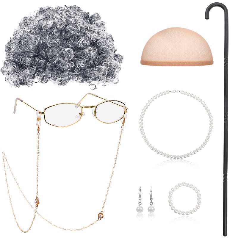 BBTO BBTO Old Lady Cosplay Set Grandma Gray Wig for Kids Women Walking Cane Glasses Chain Cords Faux Pearl Bead Necklace 