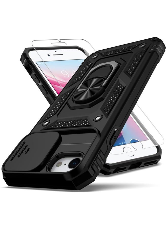 YZOK حافظة لجهاز iPhone SE 2022/3rd/2020/2nd gen/iPhone 8/7، هجين صلب PC ناعم TPU، أسود، درجة عسكرية، حامل سيارة مع قاعدة، غطاء عدسة الكاميرا - Image 1