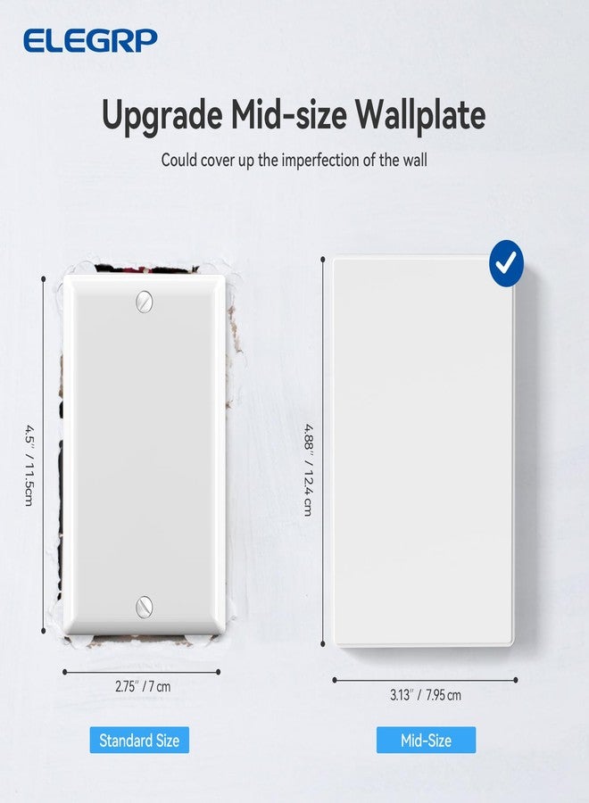 ELEGRP Blank Wall Plate Cover, 1-Gang Screwless Blank Outlet Plate, Mid-Size 4.88" x 3.13" Unbreakable Thermoplastic Blank Faceplate Cover for Unused Outlets/Switches, UL Listed (1 Pack, Matte White) - Image 5
