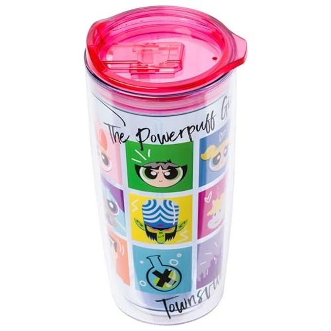 Silver Buffalo The Powerpuff Girls Featuring Blossom, Bubbles, Buttercup, Professor, Mojo Jojo, and Blisstina, Double Wall Travel Tumbler with Slide Close Lid, 20 Ounces - Image 5