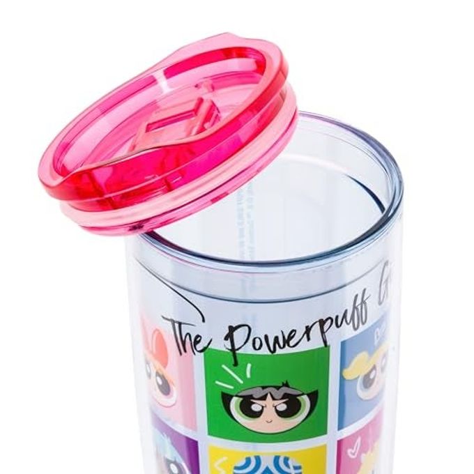 Silver Buffalo The Powerpuff Girls Featuring Blossom, Bubbles, Buttercup, Professor, Mojo Jojo, and Blisstina, Double Wall Travel Tumbler with Slide Close Lid, 20 Ounces - Image 3