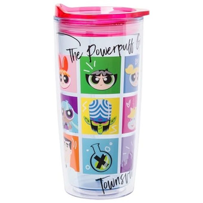 Silver Buffalo The Powerpuff Girls Featuring Blossom, Bubbles, Buttercup, Professor, Mojo Jojo, and Blisstina, Double Wall Travel Tumbler with Slide Close Lid, 20 Ounces - Image 4
