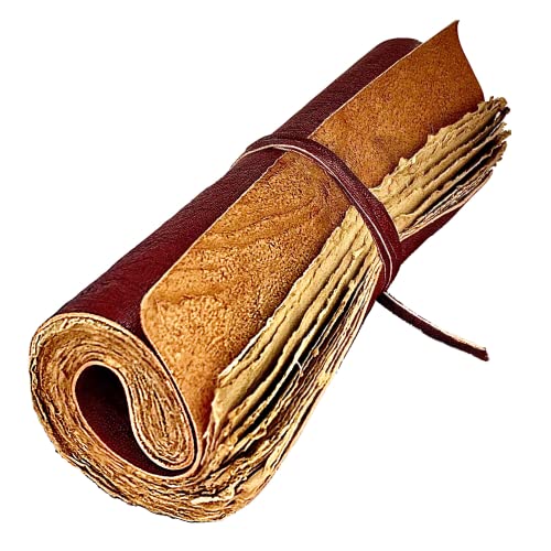 Modest Goods Handmade Leather Scroll Journal - 100 Pages Vintage Style Unlined Deckle Edge Rustic Paper - 9x6 Book of Shadows, Grimoire, Fantasy Gifts, Antique Sketchbook (Reddish Brown w/Vintage Paper) - Image 1