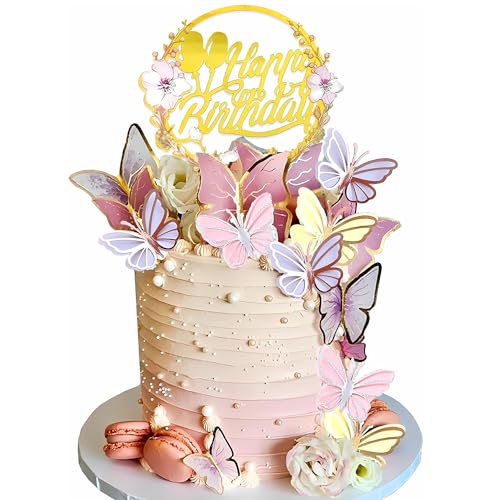 DRWATE 35PCS Butterfly Cake Topper Decorations with Artificial Flowers for Anniversary Butterfly Birthday Supplies Pink Gold - Image 1