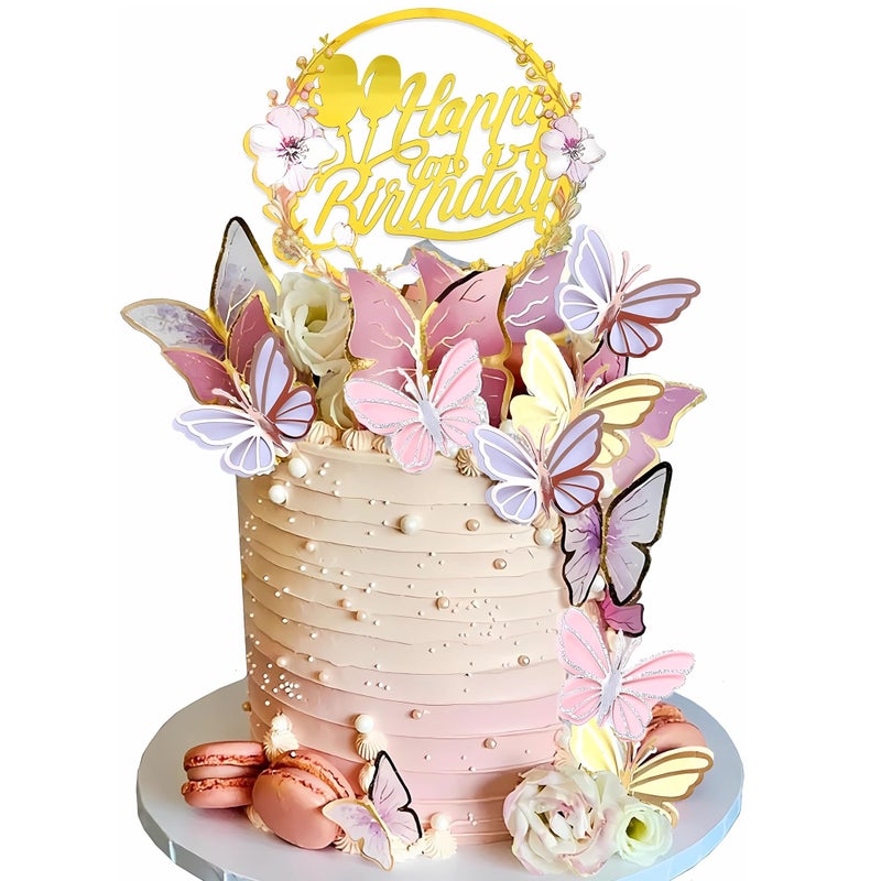 DRWATE 35PCS Butterfly Cake Topper Decorations with Artificial Flowers for Anniversary Butterfly Birthday Supplies Pink Gold - Image 2