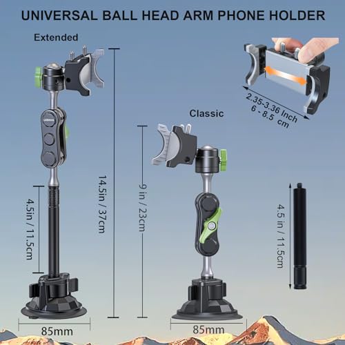 leepiya Car Phone Mount Video Recording Universal Magic Arm Suction Car Phone Holder Mount Windshield Window Glass Dashboard Vlog Shooting Car Phone Mount for All Smartphones & Cars - Image 3