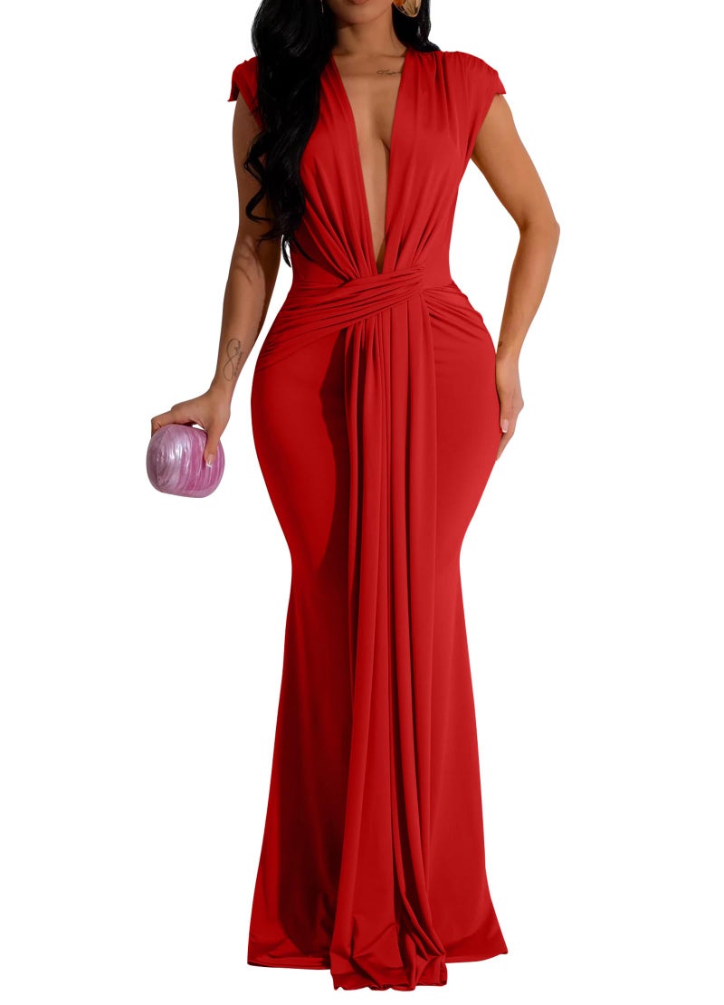 Memoriesea Women's Elegant Sleeveless Deep V Neck Bodycon Party Evening Gown Maxi Dress Red - Image 1