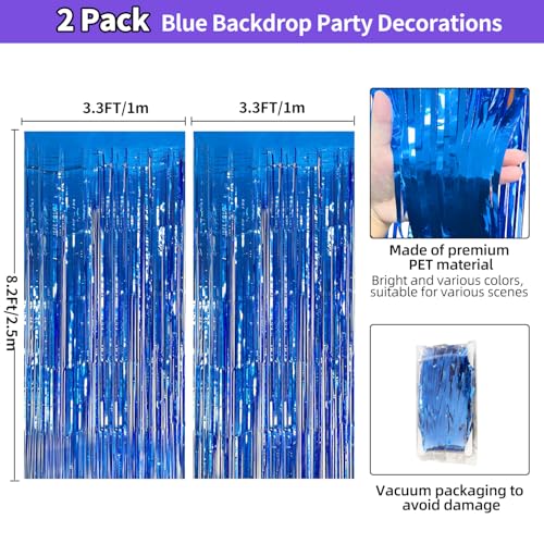 JINSUI Blue Streamers Party Decorations 3.3x8.2ft, 2 Pack Dark Blue Tinsel Backdrop for Ocean Themed Party Decor, Glitter Blue Foil Fringe Curtains for Door Decorations Hanging Birthday Baby Shower Halloween - Image 3