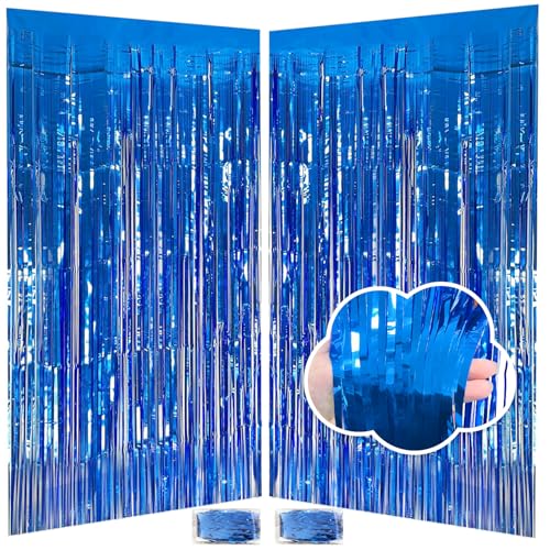 JINSUI Blue Streamers Party Decorations 3.3x8.2ft, 2 Pack Dark Blue Tinsel Backdrop for Ocean Themed Party Decor, Glitter Blue Foil Fringe Curtains for Door Decorations Hanging Birthday Baby Shower Halloween - Image 1