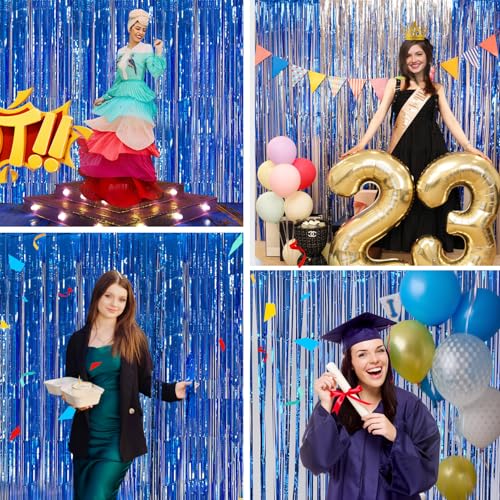 JINSUI Blue Streamers Party Decorations 3.3x8.2ft, 2 Pack Dark Blue Tinsel Backdrop for Ocean Themed Party Decor, Glitter Blue Foil Fringe Curtains for Door Decorations Hanging Birthday Baby Shower Halloween - Image 4