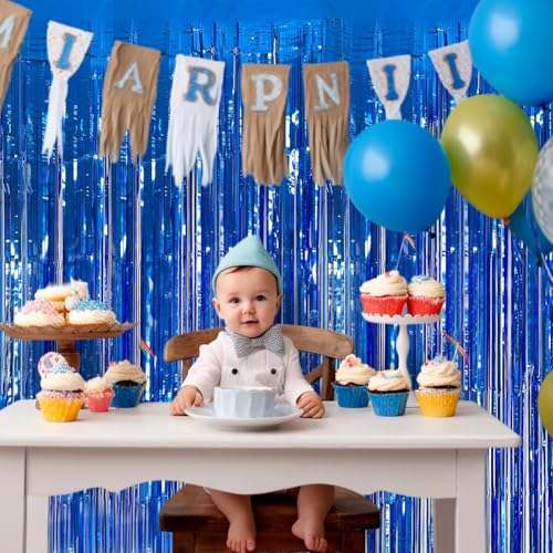 JINSUI Blue Streamers Party Decorations 3.3x8.2ft, 2 Pack Dark Blue Tinsel Backdrop for Ocean Themed Party Decor, Glitter Blue Foil Fringe Curtains for Door Decorations Hanging Birthday Baby Shower Halloween - Image 2