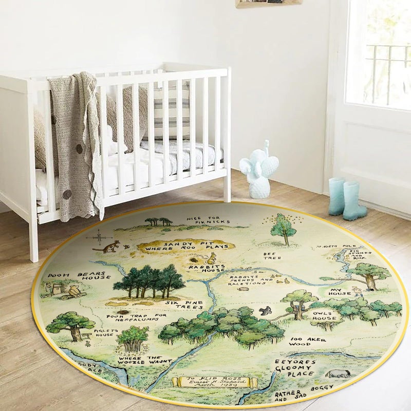 Estmy 5ft Washable Round Nursery Rug, Cute Woodland Kids Play Rug for Girls Boys Neutral Soft Crawling Play Mat for Classroom Children Toddlers Bedroom Stain Resistant, 100 Acre Wood Map Rug - Image 1