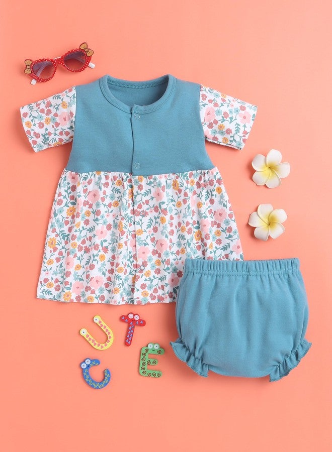 EIO Baby Girl's 2-Piece Dress Set, Short Sleeve Cotton Frock with Bloomers, Print (in, Age, 3 Months, 6 Months, Regular, Green) - Image 2