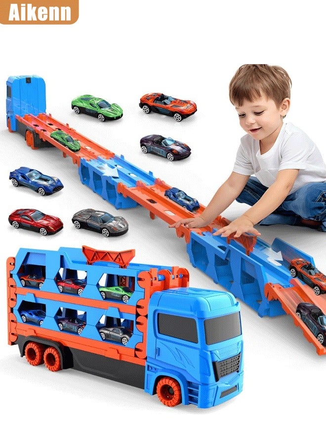 أيكين ألعاب شاحنة نقل للأطفال، مسار سباق مزدوج وسيارة طرد، شاحنة كبيرة قابلة للطي لتخزين السيارات المصنوعة من سبائك السباق وشاحنة نقل بالقصور الذاتي، 6 سيارات معدنية ومجموعة نقل تخزين قابلة للطي، لعبة سيارة للأطفال الصغار هدية للأولاد والبنات (أزرق) - Image 1