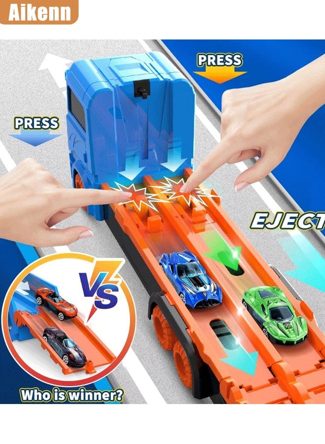 أيكين ألعاب شاحنة نقل للأطفال، مسار سباق مزدوج وسيارة طرد، شاحنة كبيرة قابلة للطي لتخزين السيارات المصنوعة من سبائك السباق وشاحنة نقل بالقصور الذاتي، 6 سيارات معدنية ومجموعة نقل تخزين قابلة للطي، لعبة سيارة للأطفال الصغار هدية للأولاد والبنات (أزرق) - Image 4