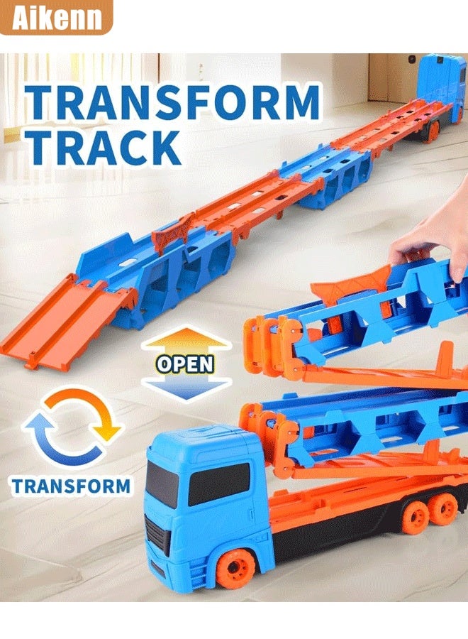أيكين ألعاب شاحنة نقل للأطفال، مسار سباق مزدوج وسيارة طرد، شاحنة كبيرة قابلة للطي لتخزين السيارات المصنوعة من سبائك السباق وشاحنة نقل بالقصور الذاتي، 6 سيارات معدنية ومجموعة نقل تخزين قابلة للطي، لعبة سيارة للأطفال الصغار هدية للأولاد والبنات (أزرق) - Image 3
